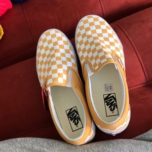 white and yellow checkered vans